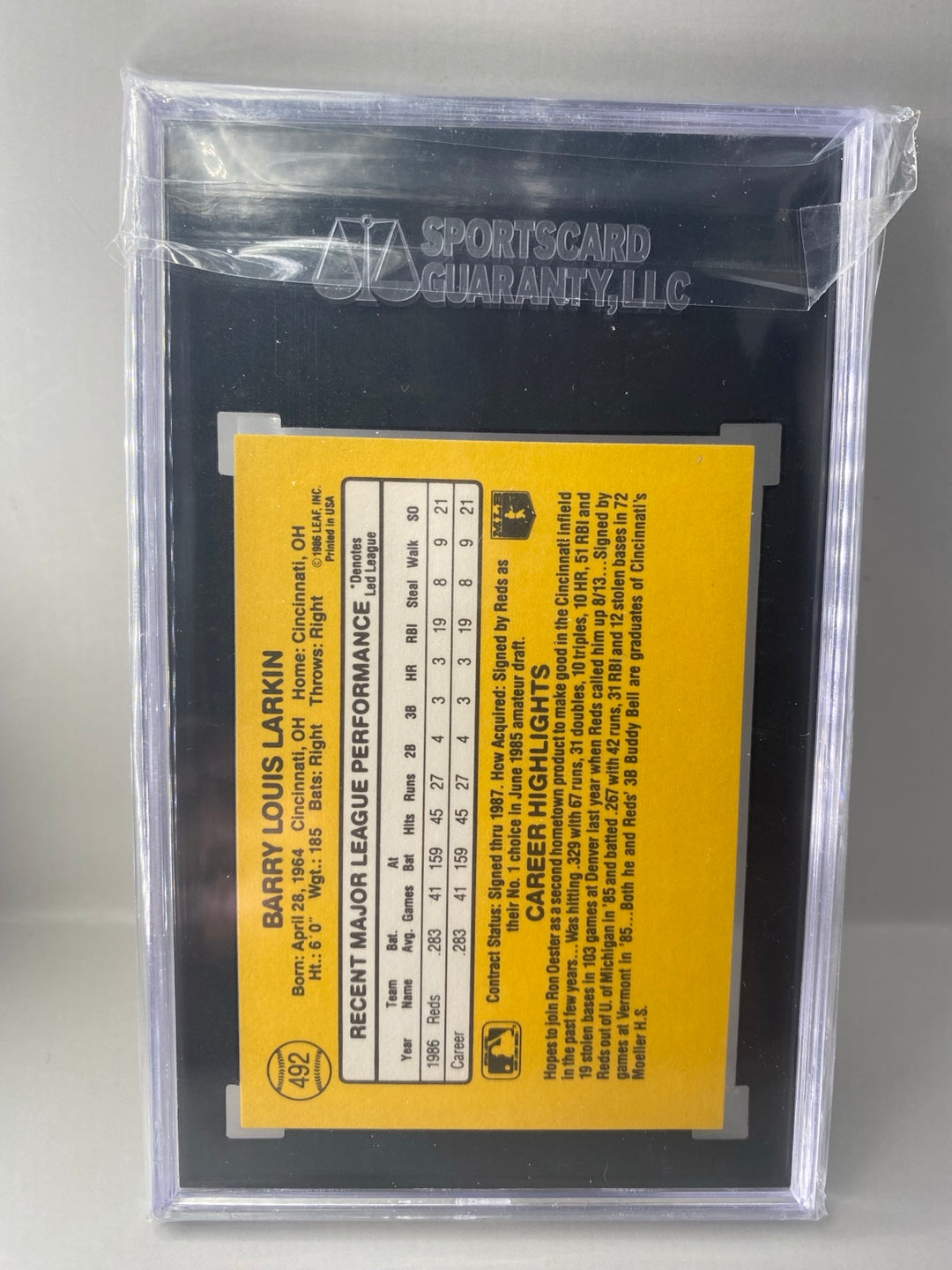 1987 Donruss #492 Barry Larkin SGC 9 Mint back