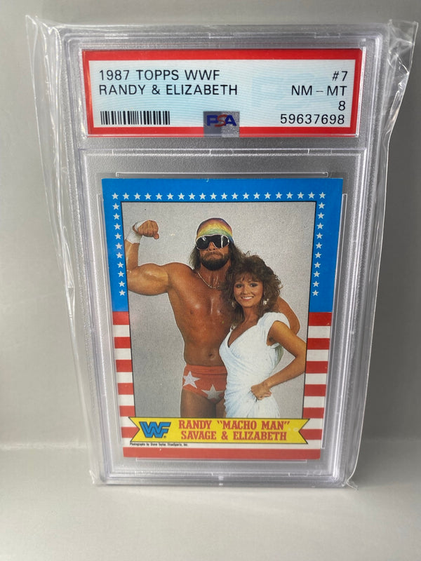 1987 Topps WWF Randy Macho Man Savage and Elizabeth #7 PSA 8 front