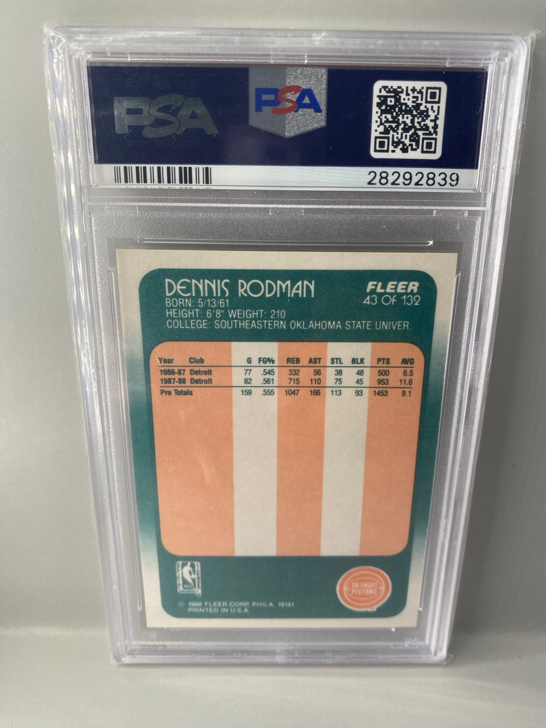 1988 Fleer Dennis Rodman #43 PSA 8 back