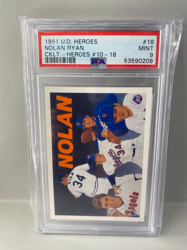 1991 Upper Deck Baseball Heroes Nolan Ryan #18 Checklist PSA 9 front