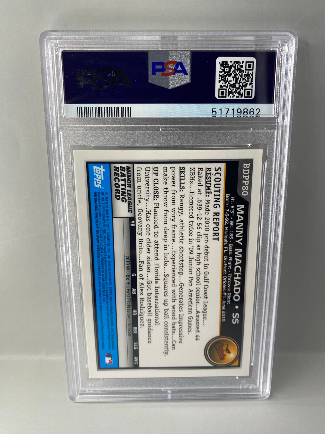 2010 Bowman Chrome Manny Machado BDPP80 1st Bowman Chrome PSA 9 back