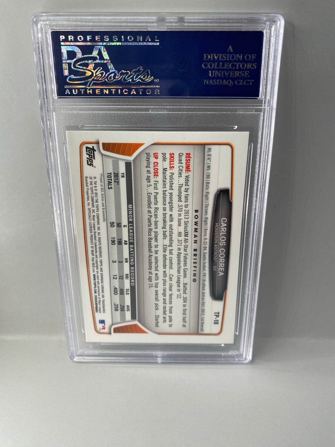 2013 Bowman Chrome Carlos Correa TP-10 PSA 10 back