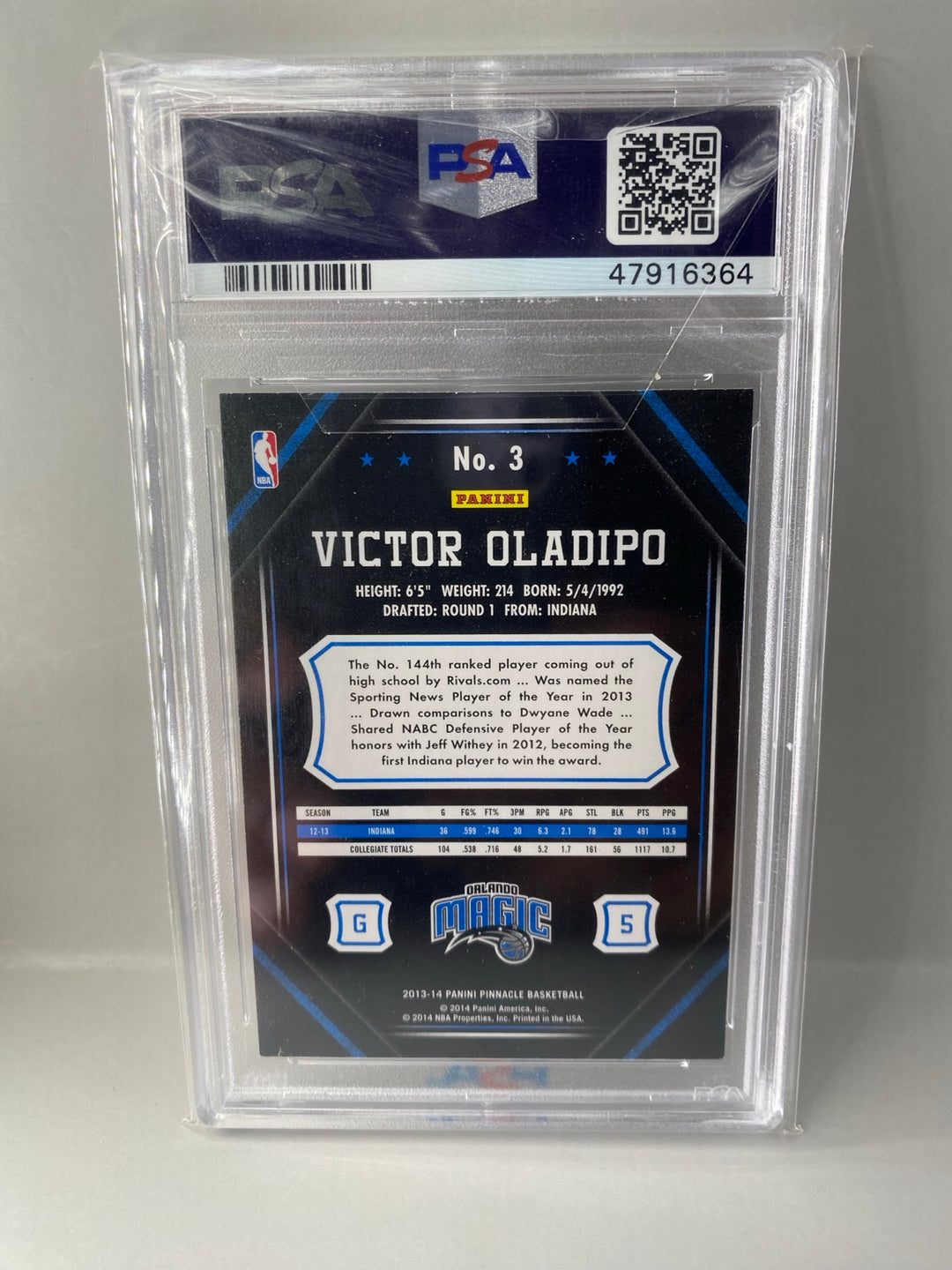 2013 Panini Pinnacle Victor Oladipo #3 Rookie PSA 8 back