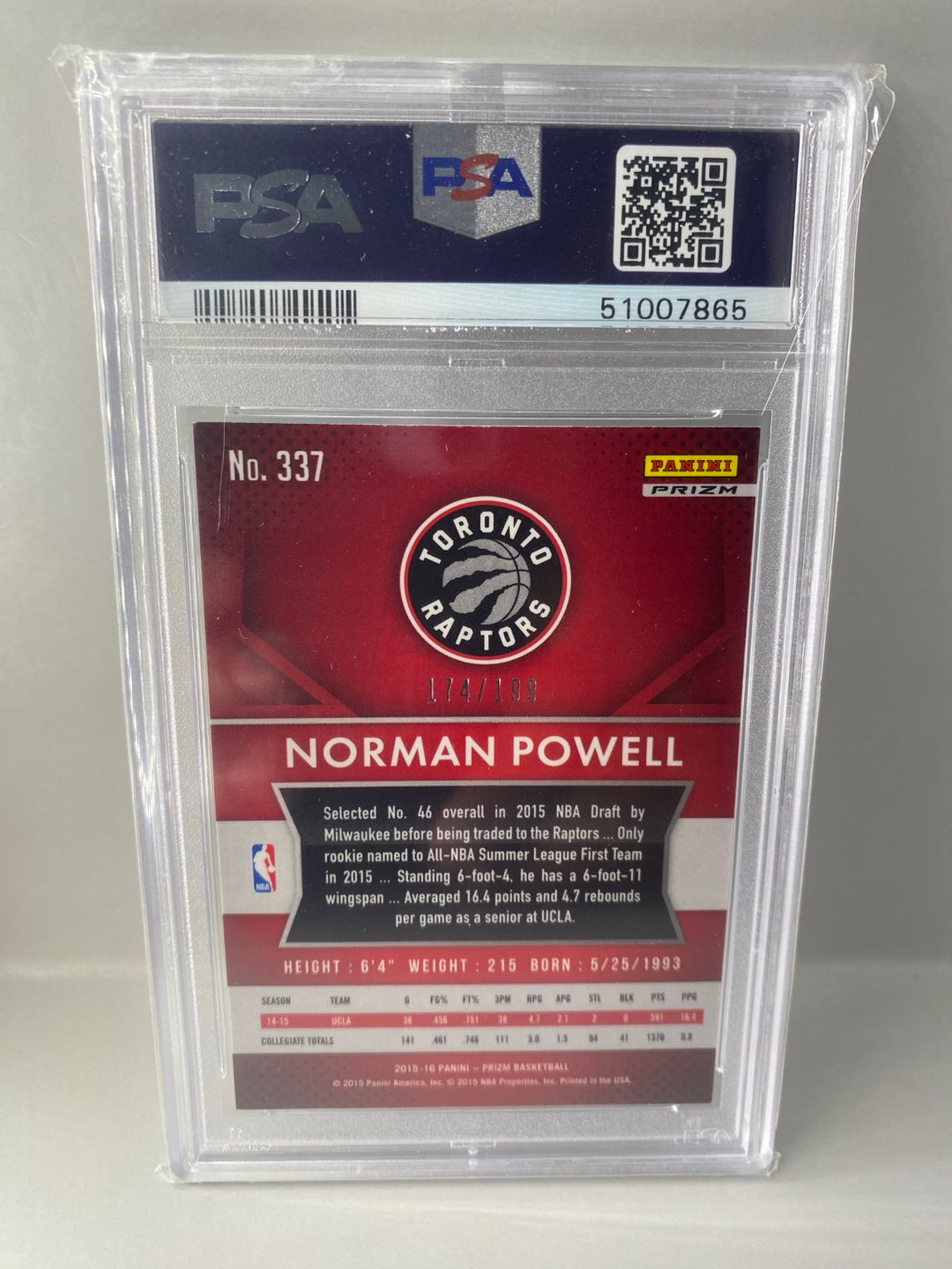 2015-16 Panini Prizm Norman Powell #337 Light Blue Prizm 174/199 rookie PSA 8 back