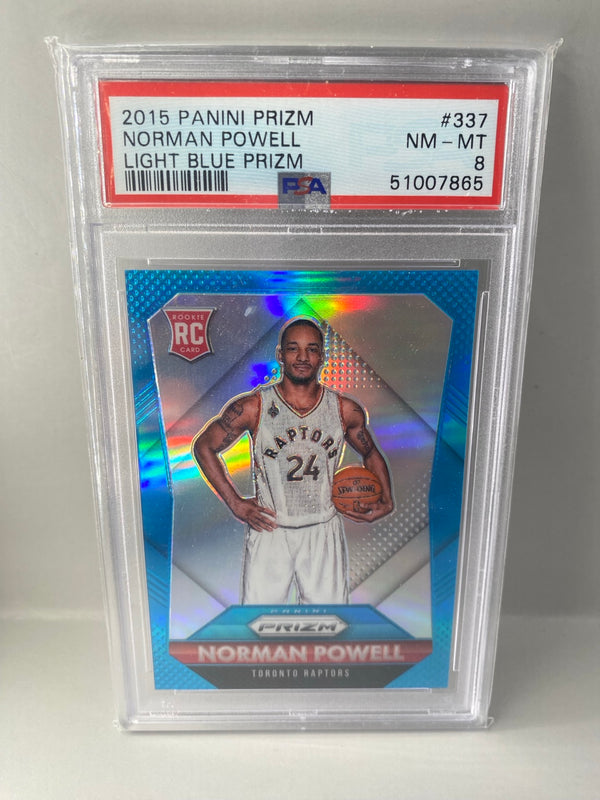2015-16 Panini Prizm Norman Powell #337 Light Blue Prizm /199 rookie PSA 8 front