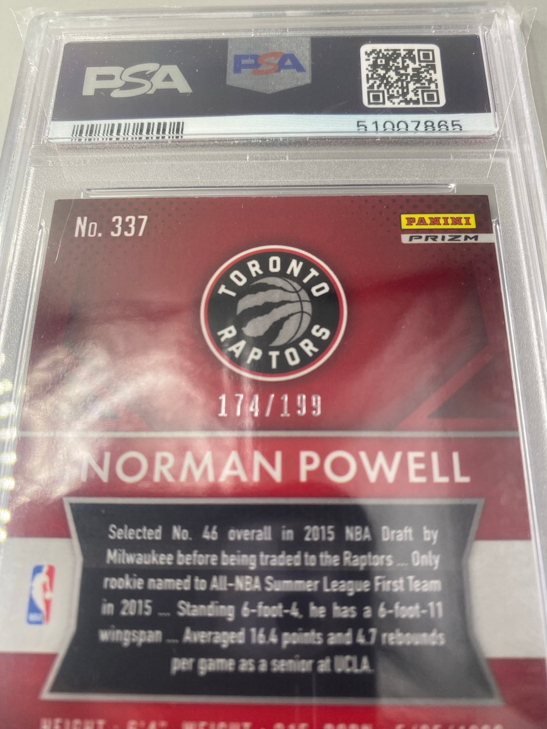 2015-16 Panini Prizm Norman Powell #337 Light Blue Prizm rookie PSA 8 serial number 174/199 detail