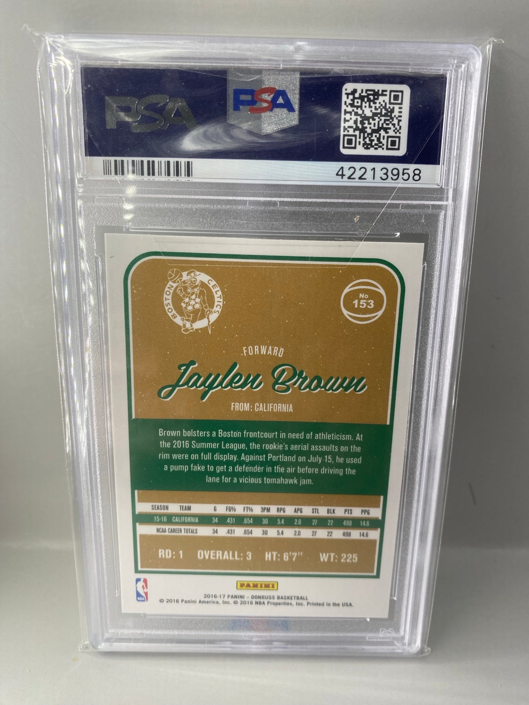 2016-17 Panini Donruss #153 Jaylen Brown rookie PSA 10 Gem Mint back