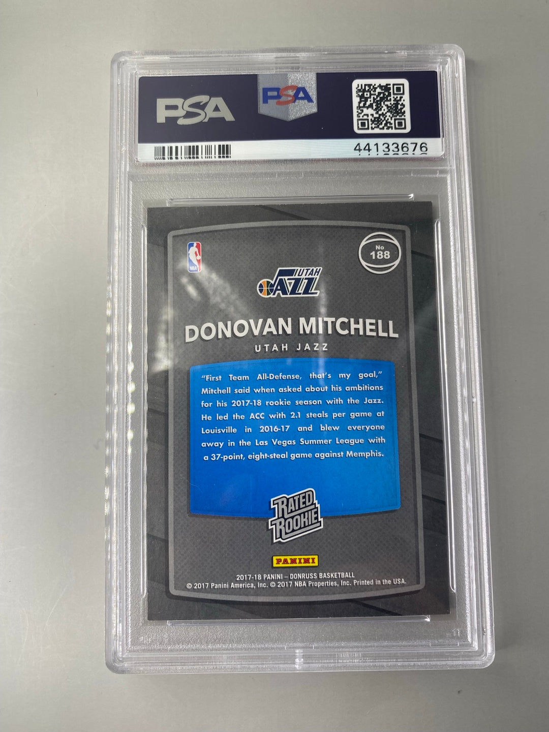 2017 Panini Donruss Donovan Mitchell #188 Rated Rookie PSA 10 back