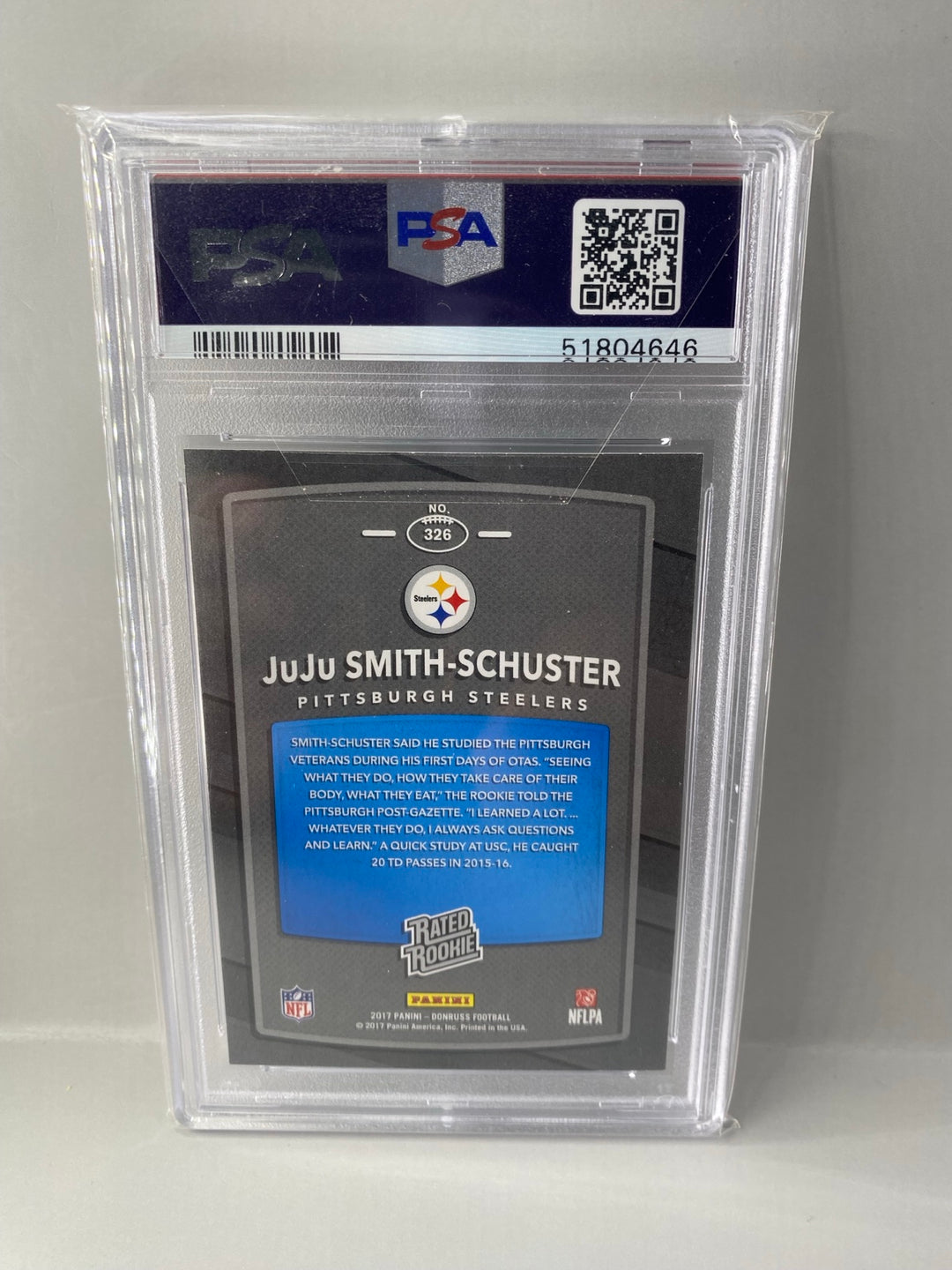 2017 Donruss JuJu Smith-Schuster #326 Rated Rookie PSA 10 back