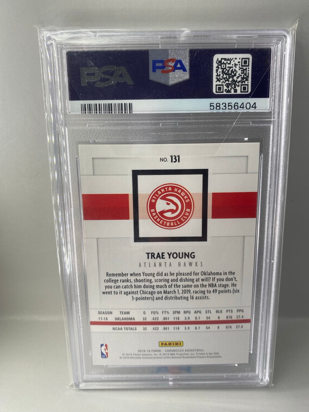 2018-19 Panini Chronicles Trae Young #131 rookie PSA 10 Gem Mint back