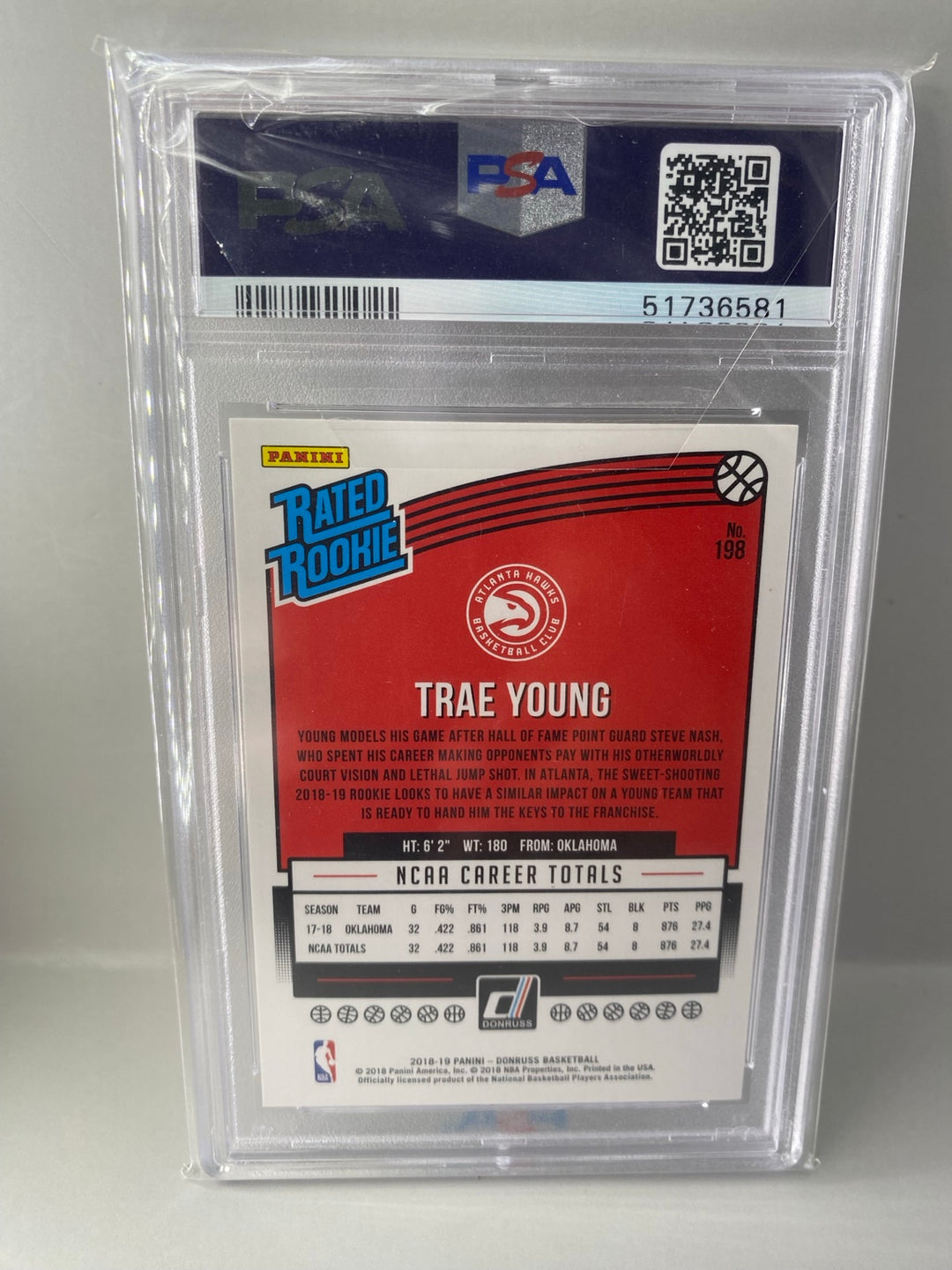 2018-19 Panini Donruss Trae Young #198 Rated Rookie PSA 10 Gem Mint back