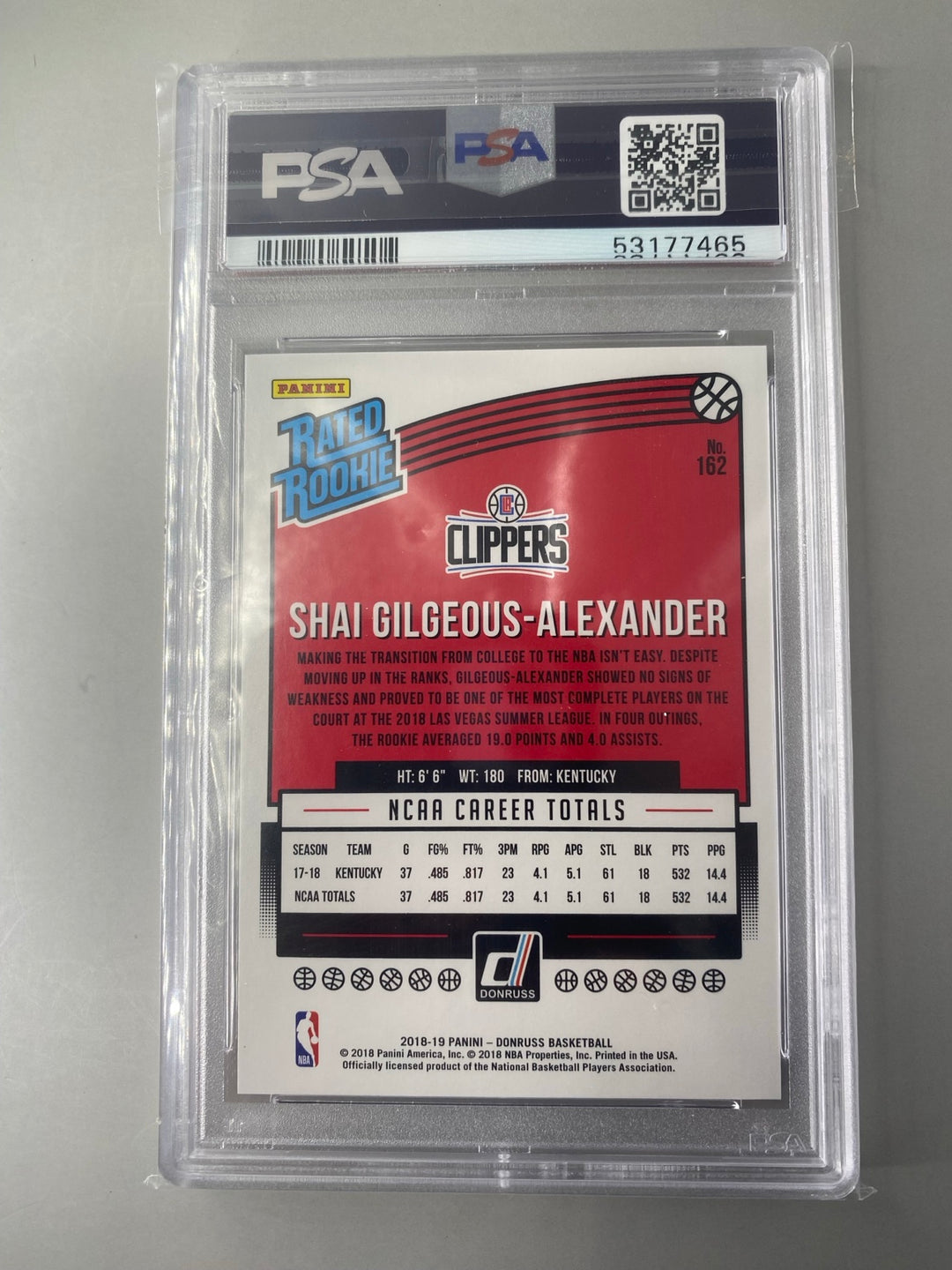 2018-19 Panini Donruss Shai Gilgeous-Alexander #162 Rated Rookie PSA 10 back