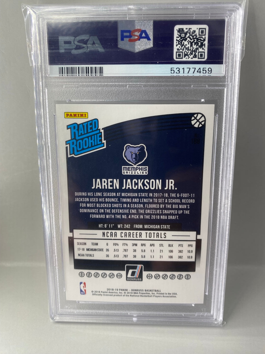 2018 Panini Donruss Jaren Jackson Jr. #188 Rated Rookie PSA 10 back