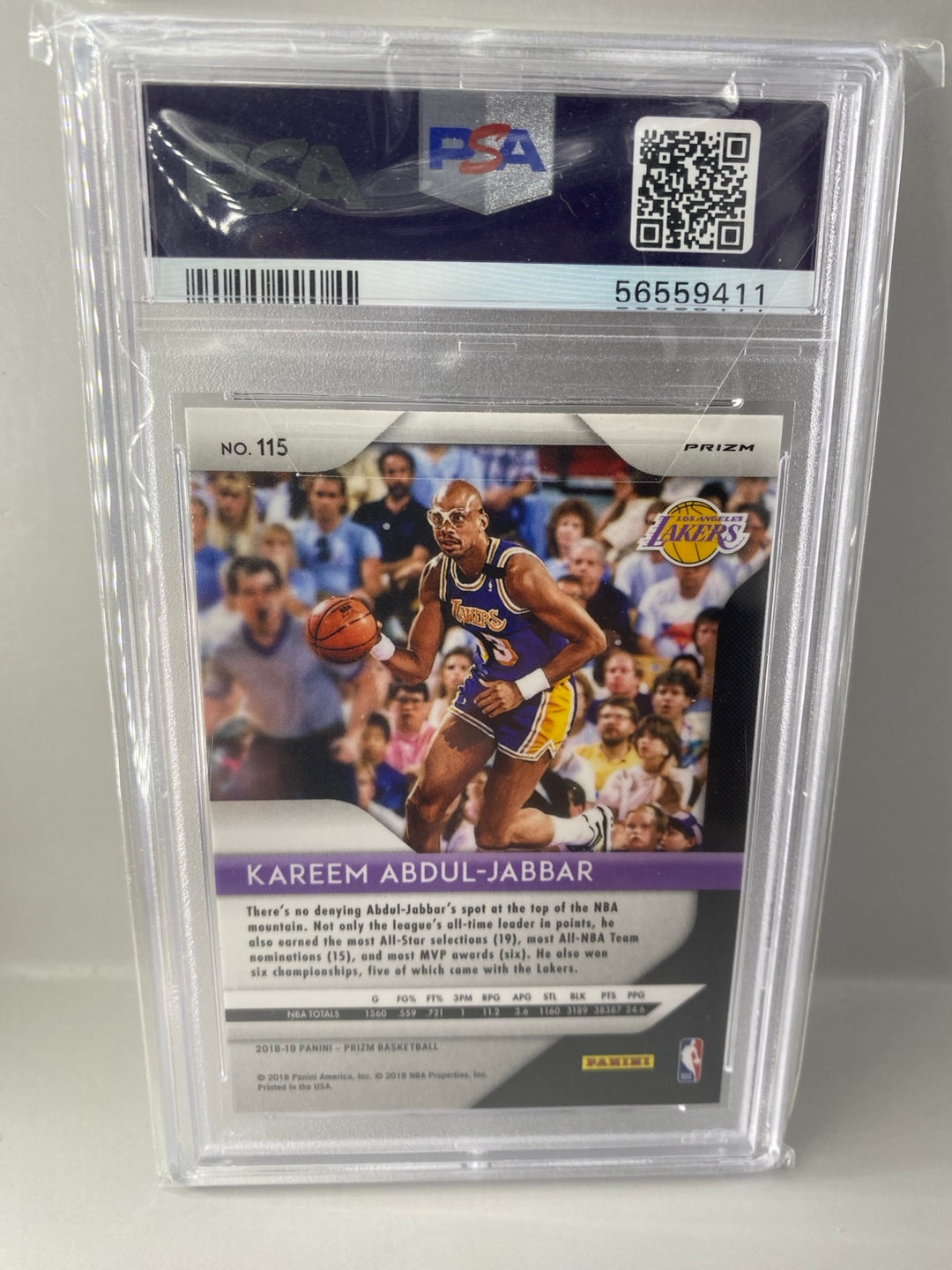 2018-19 Panini Prizm #115 Kareem Abdul-Jabbar Ruby Wave PSA 10 back