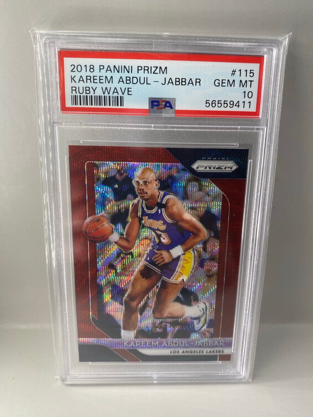 2018-19 Panini Prizm #115 Kareem Abdul-Jabbar Ruby Wave PSA 10 front