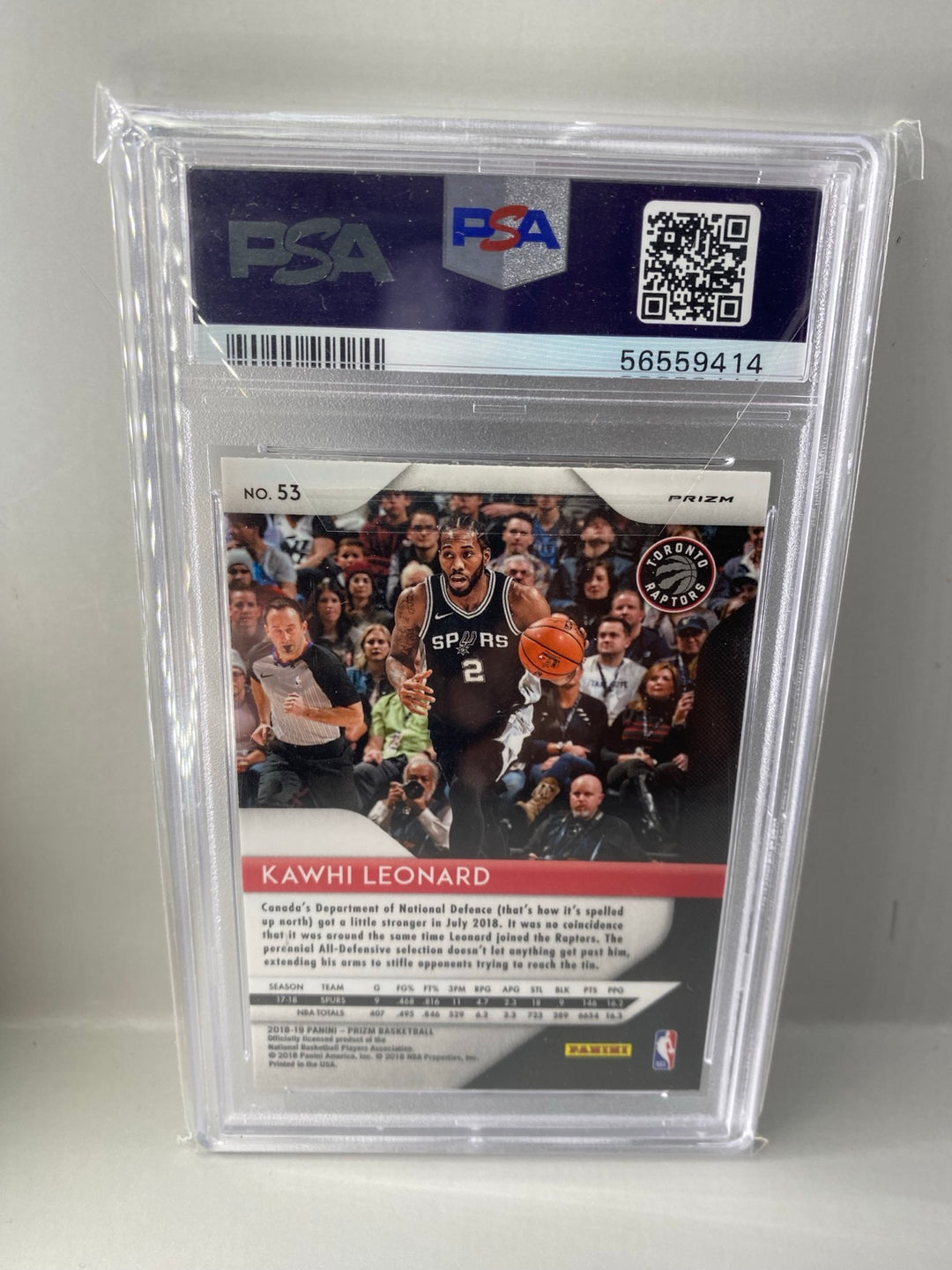 2018 Panini Prizm #53 Kawhi Leonard Silver Prizm PSA 9 Mint back
