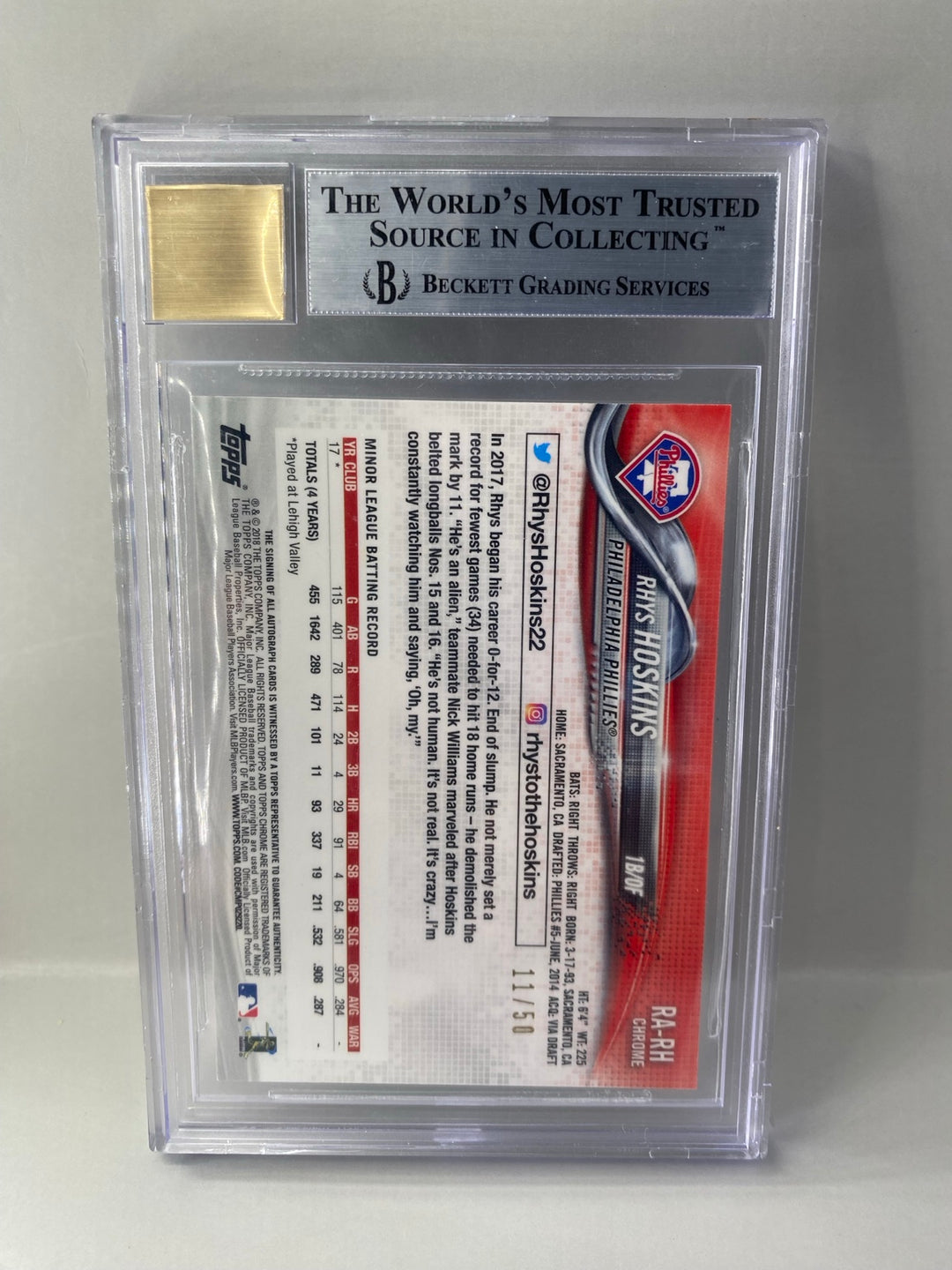 2018 Topps Chrome Rhys Hoskins RARH Gold Refractor Rookie Auto 11/50 BGS 9 Auto 10 back