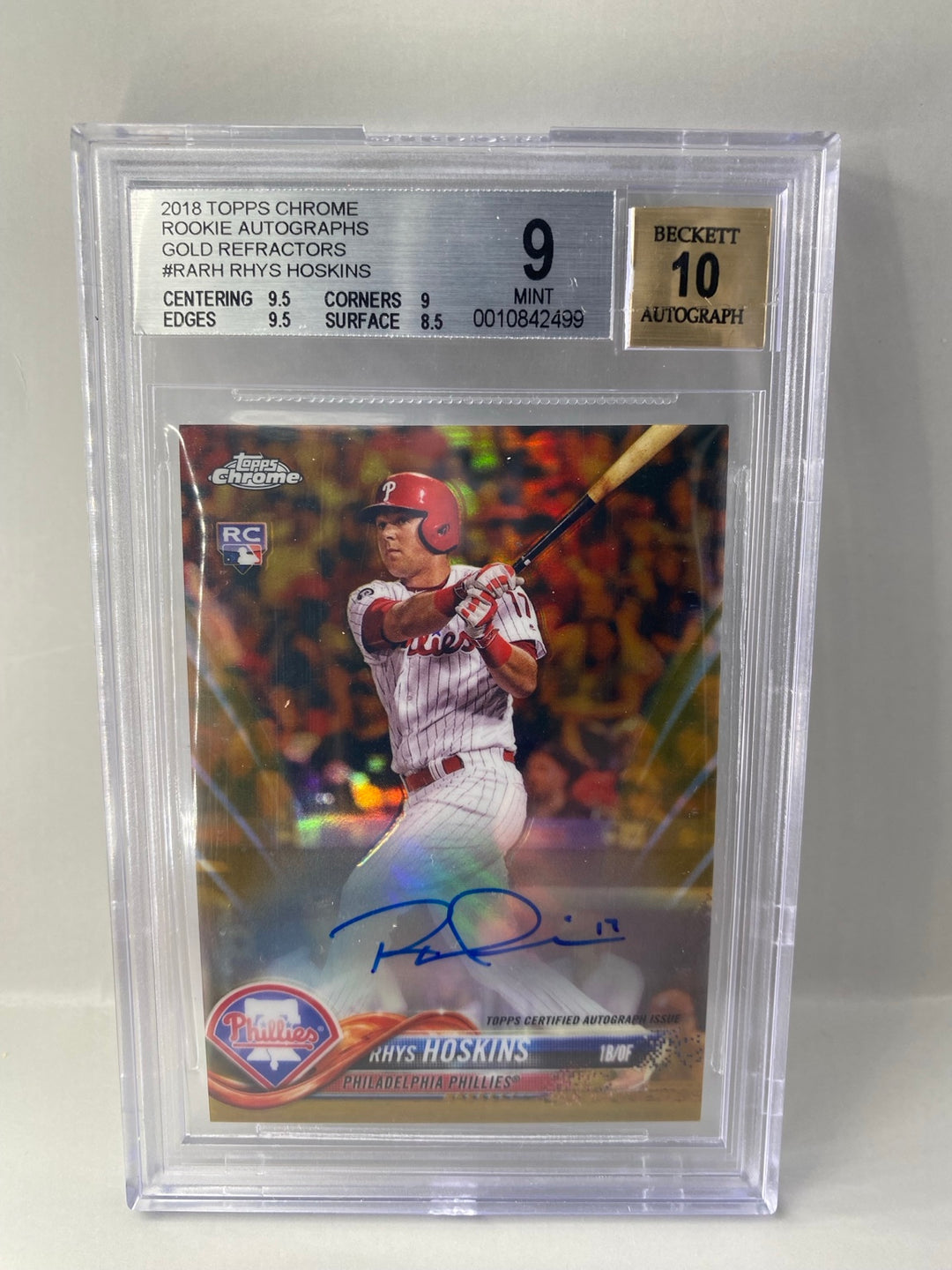 2018 Topps Chrome Rhys Hoskins RARH Gold Refractor Rookie Auto /50 BGS 9 Auto 10 front