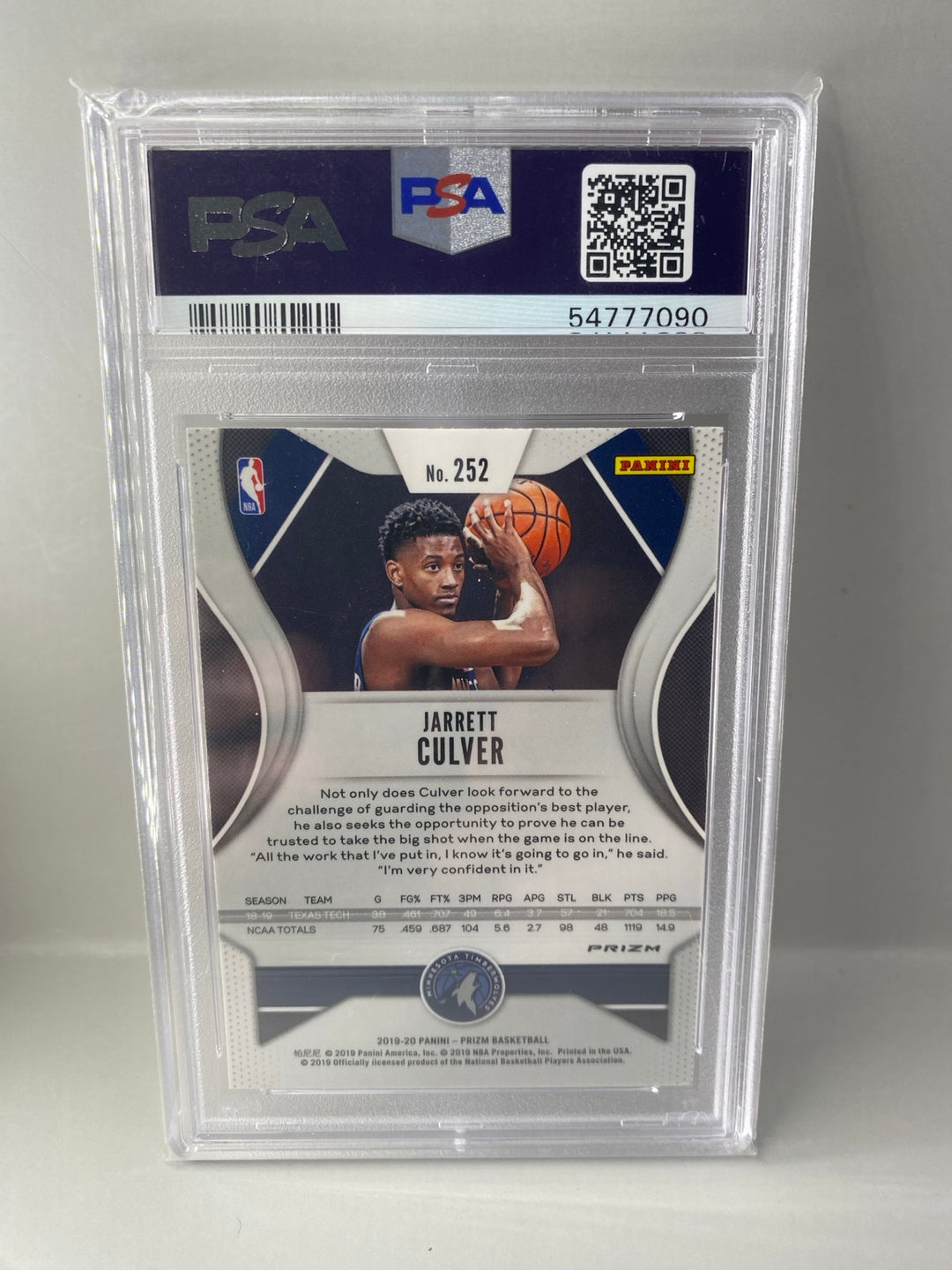 2019-20 Panini Prizm Jarrett Culver #252 Ruby Wave rookie PSA 10 Gem Mint back