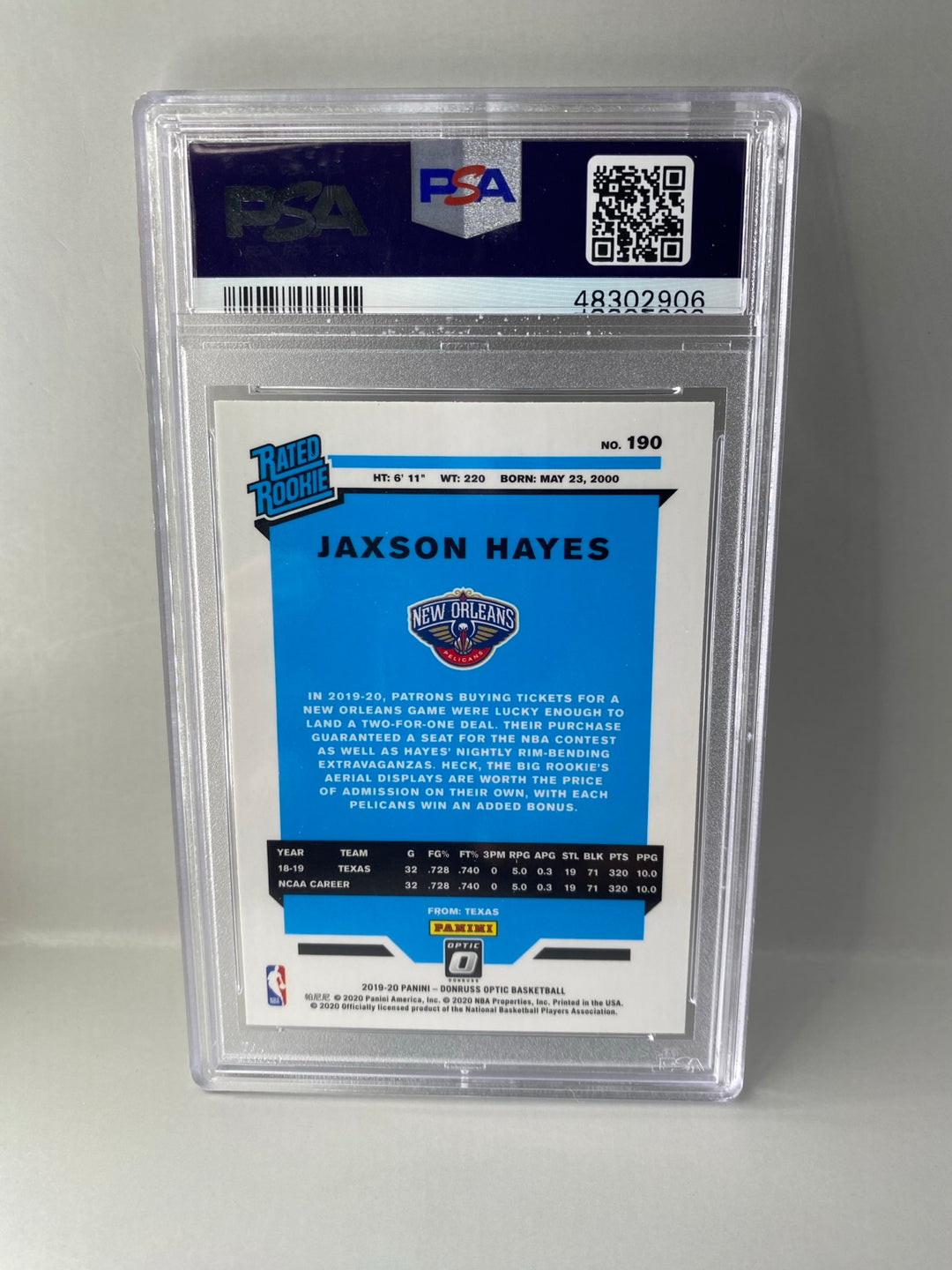 2019 Panini Donruss Optic Jaxson Hayes #190 Rated Rookie PSA 10 back