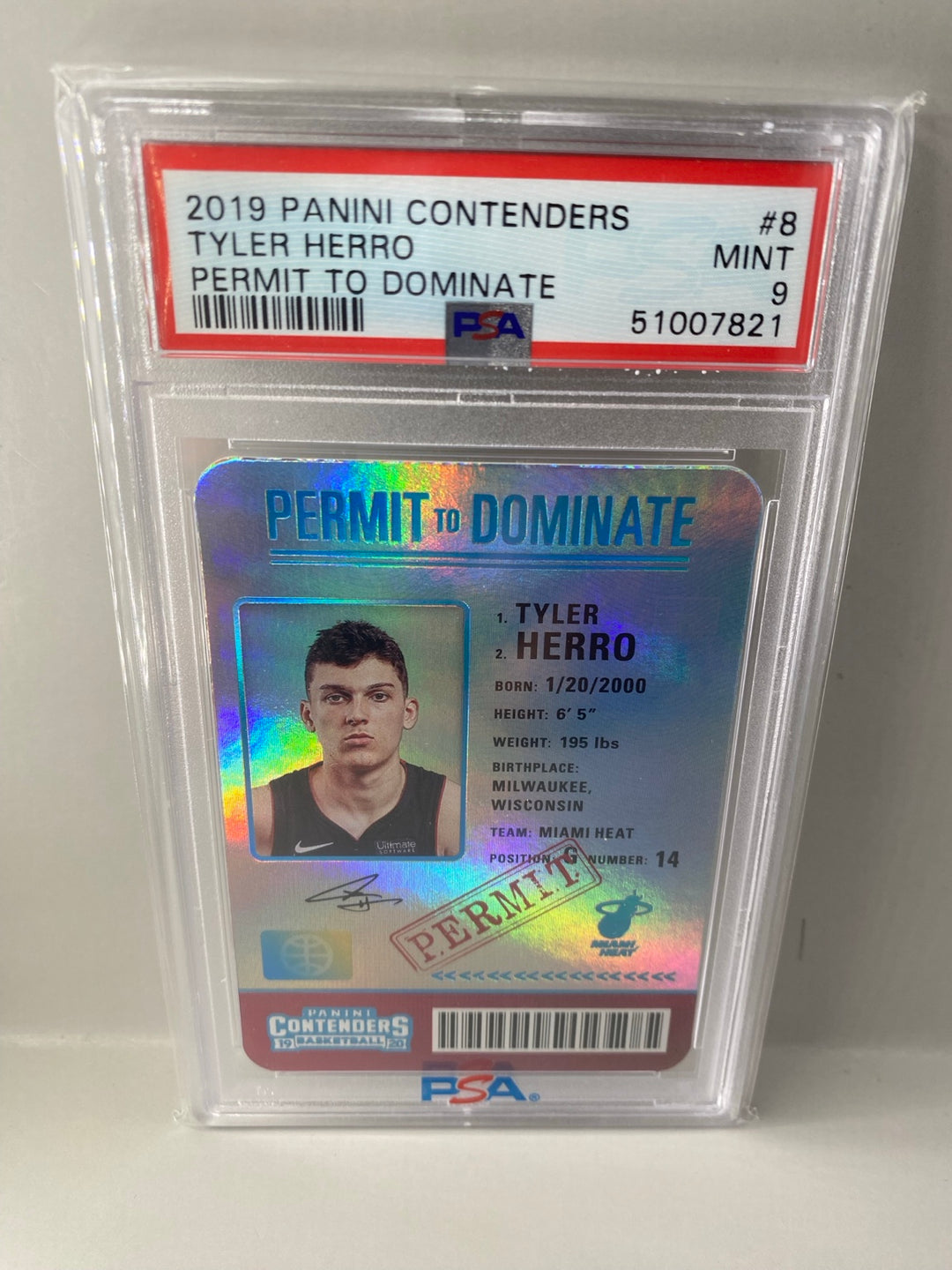 2019-20 Panini Contenders #8 Tyler Herro Permit to Dominate PSA 9 Mint front