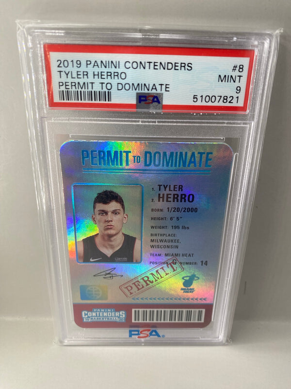 2019-20 Panini Contenders #8 Tyler Herro Permit to Dominate PSA 9 Mint front