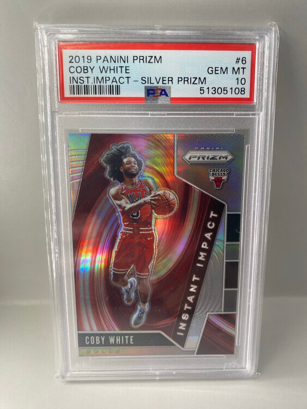 2019-20 Panini Prizm #6 Coby White Instant Impact Silver Prizm PSA 10 front