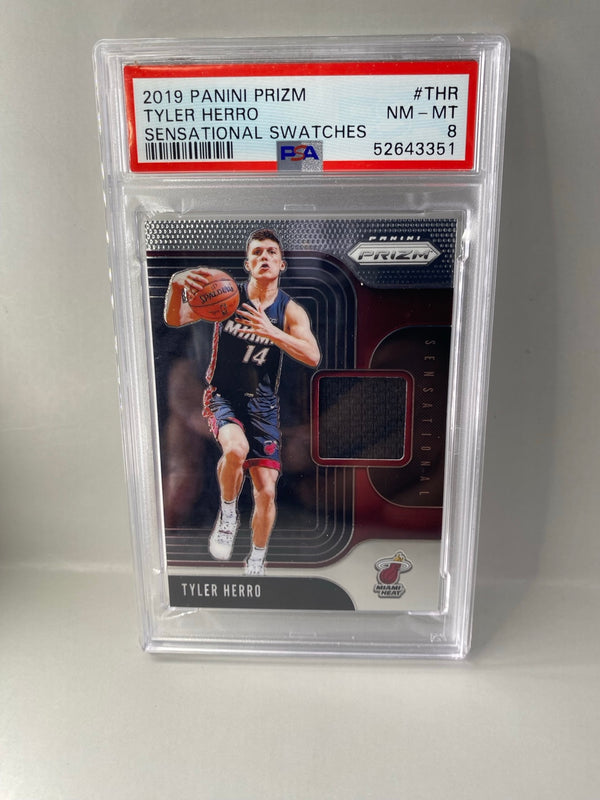 2019 Panini Prizm Tyler Herro Sensational Swatches SS-THR PSA 8 front