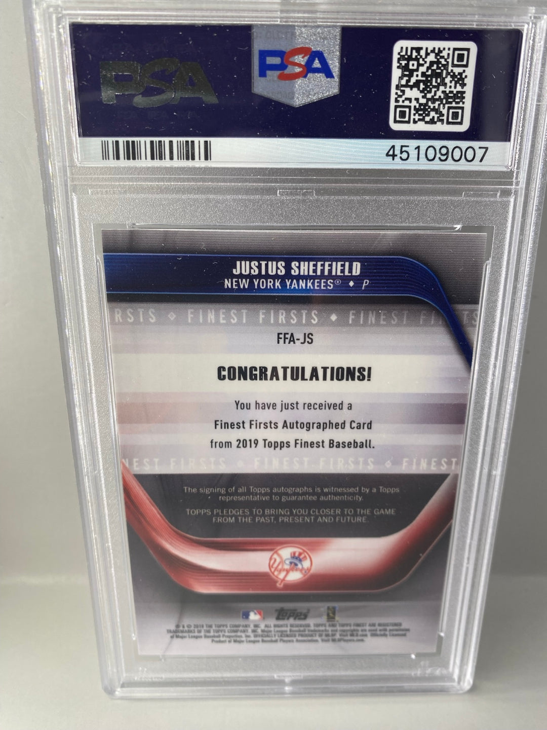 2019 Topps Finest Justus Sheffield Finest Firsts Autograph Blue Refractor 026/150 PSA 10 back
