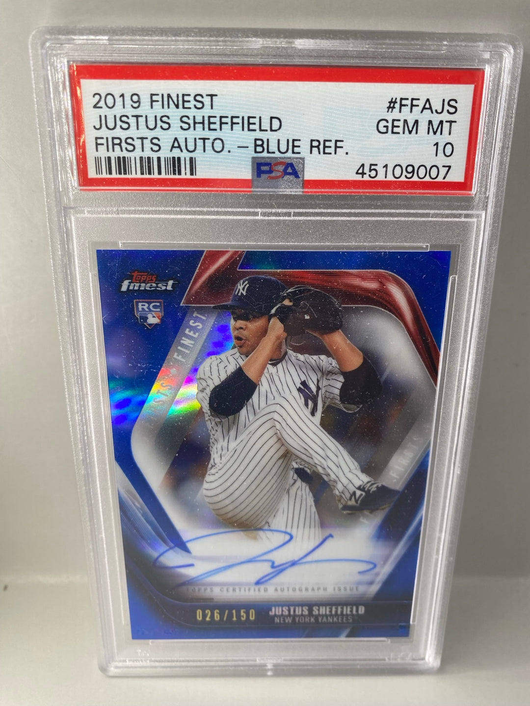 2019 Topps Finest Justus Sheffield Finest Firsts Autograph Blue Refractor 026/150 PSA 10 front