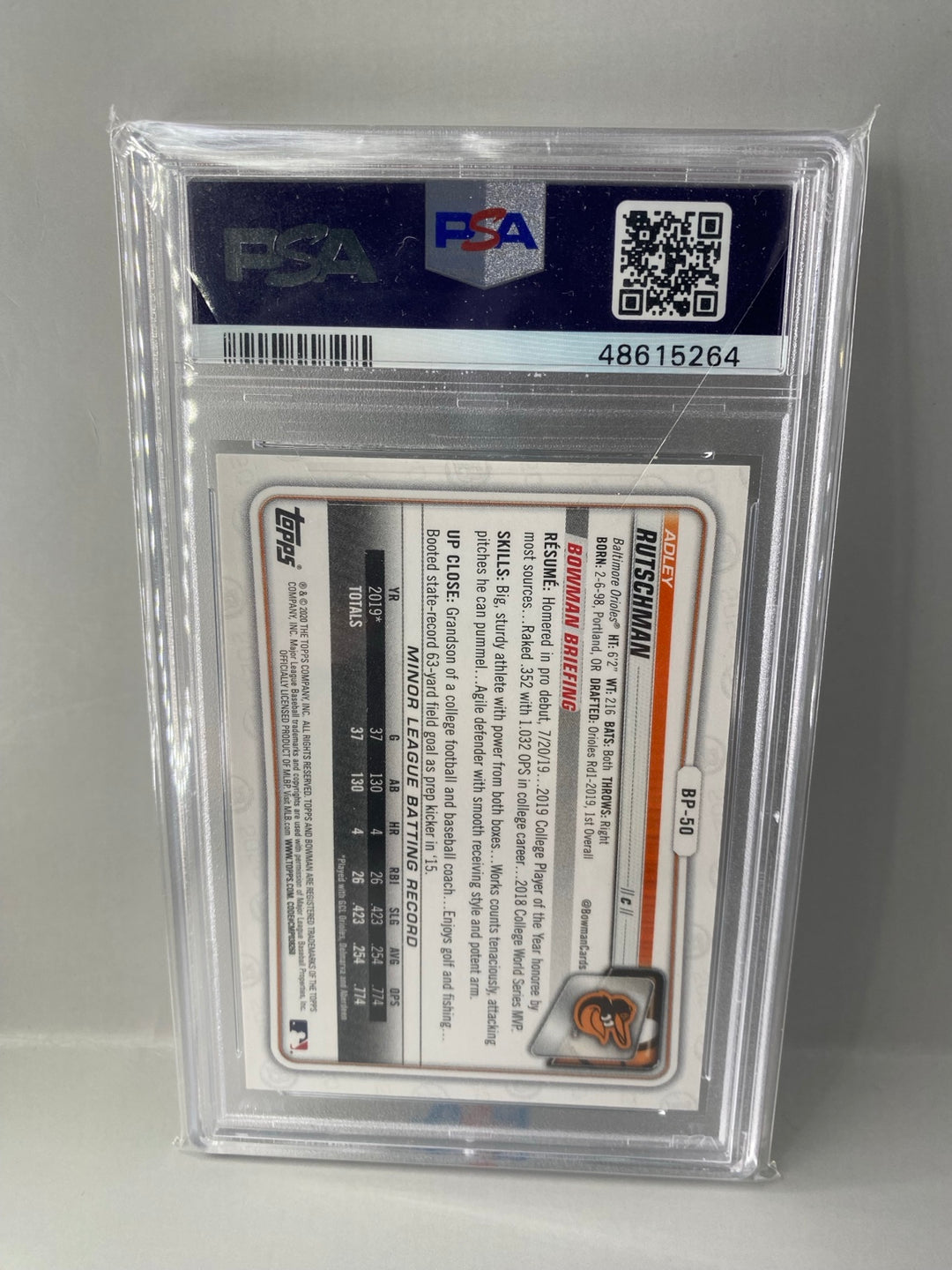 2020 Bowman Adley Rutschman BP50 Sky Blue /499 PSA 10 back