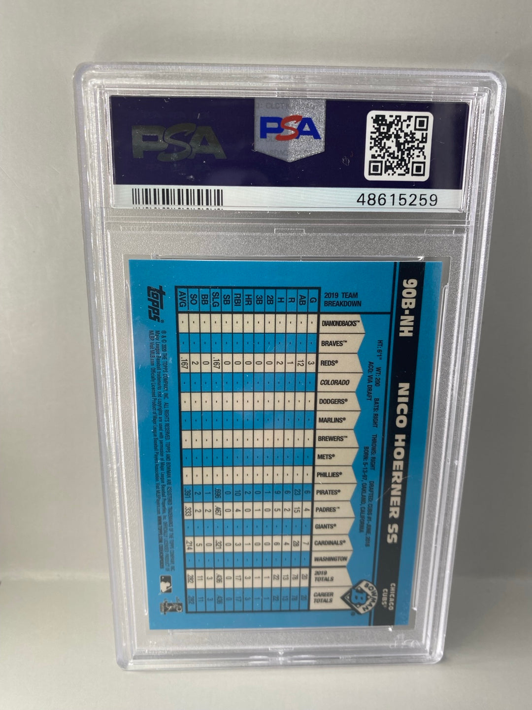 2020 Bowman Chrome #90BNH Nico Hoerner 1990 Bowman Atomic Refractor PSA 9 back