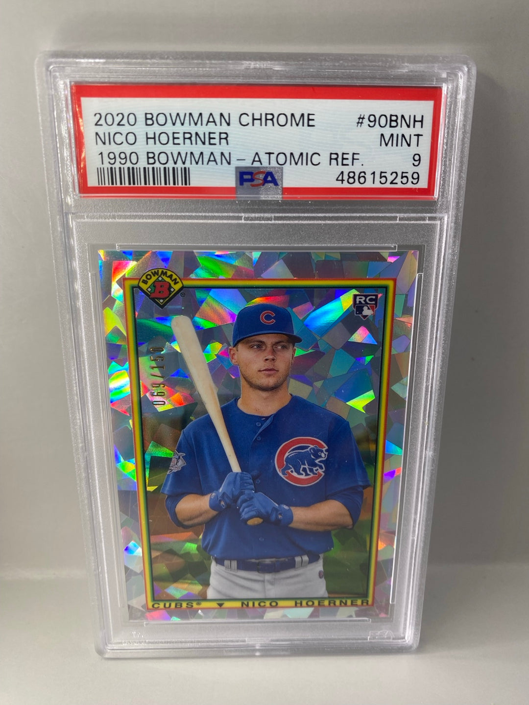 2020 Bowman Chrome #90BNH Nico Hoerner 1990 Bowman Atomic Refractor PSA 9 front