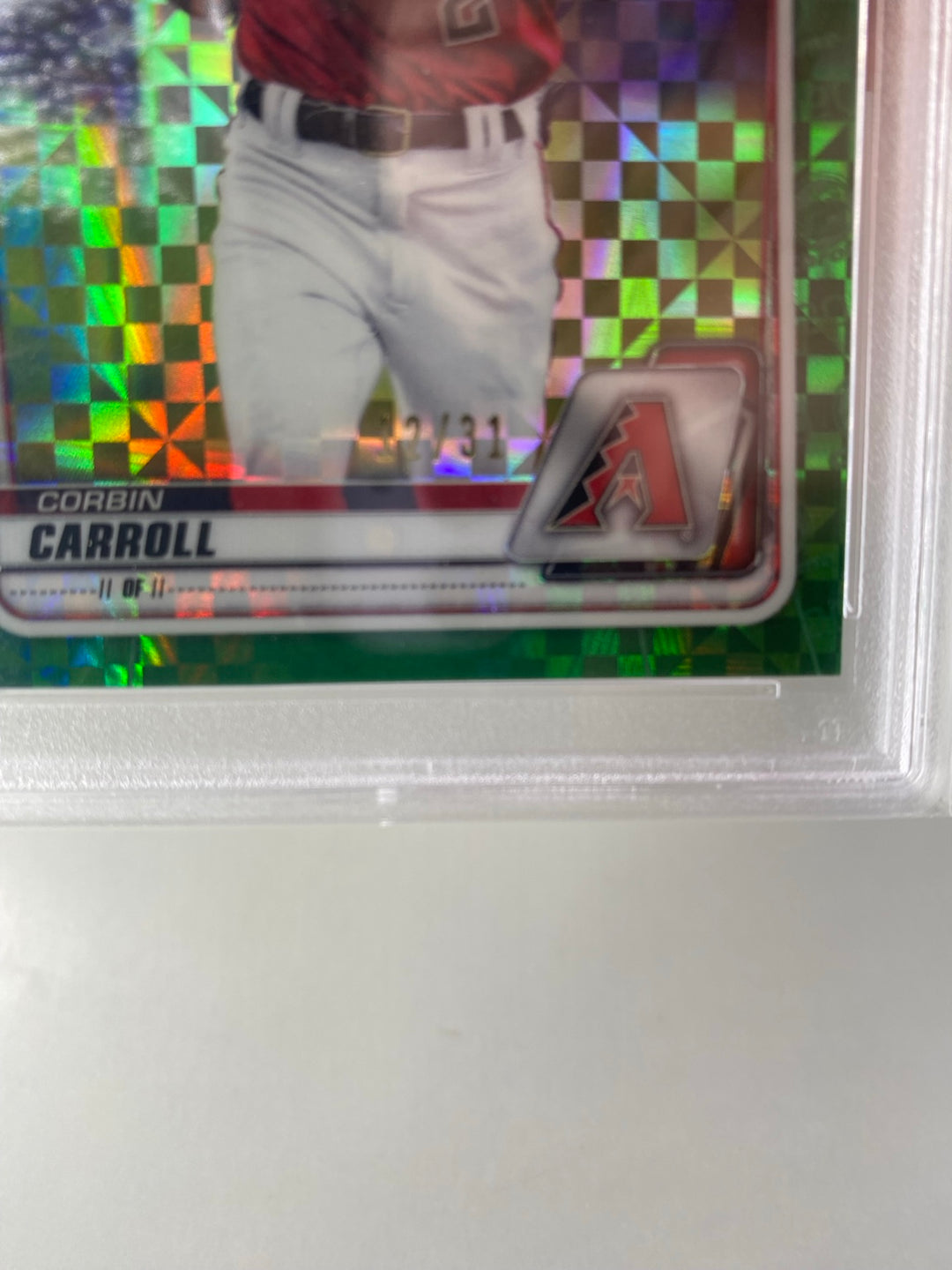 2020 Bowman Chrome X Corbin Carroll BCP-222 Green X-Fractor serial number 12 of 31 close-up