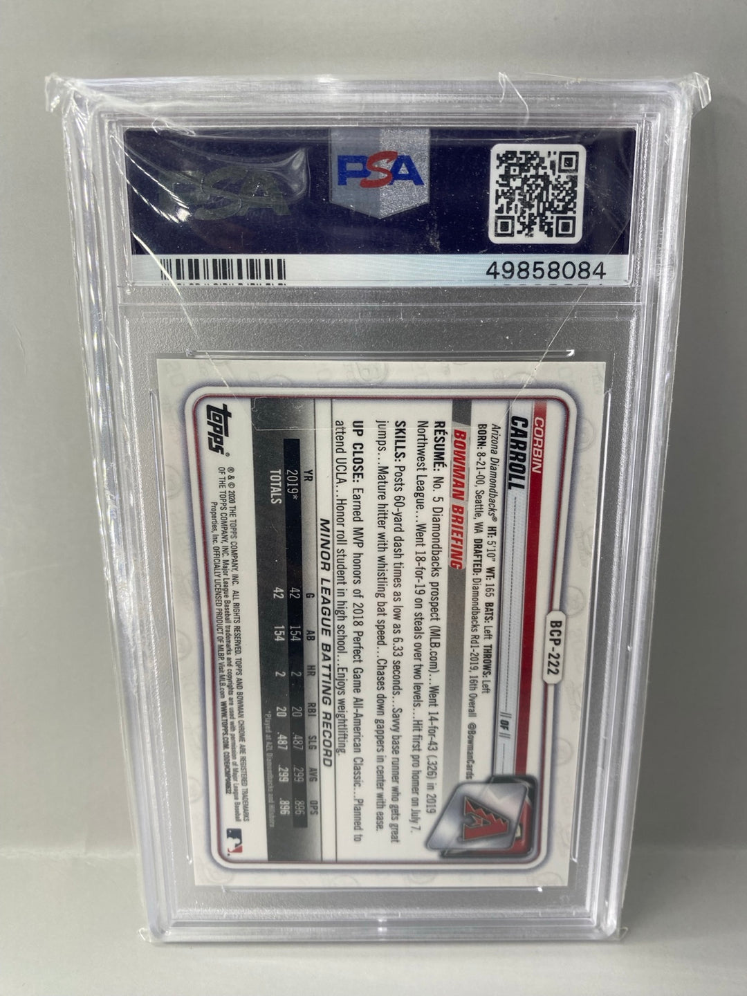 2020 Bowman Chrome X Corbin Carroll BCP-222 Green X-Fractor 12/31 PSA 10 back