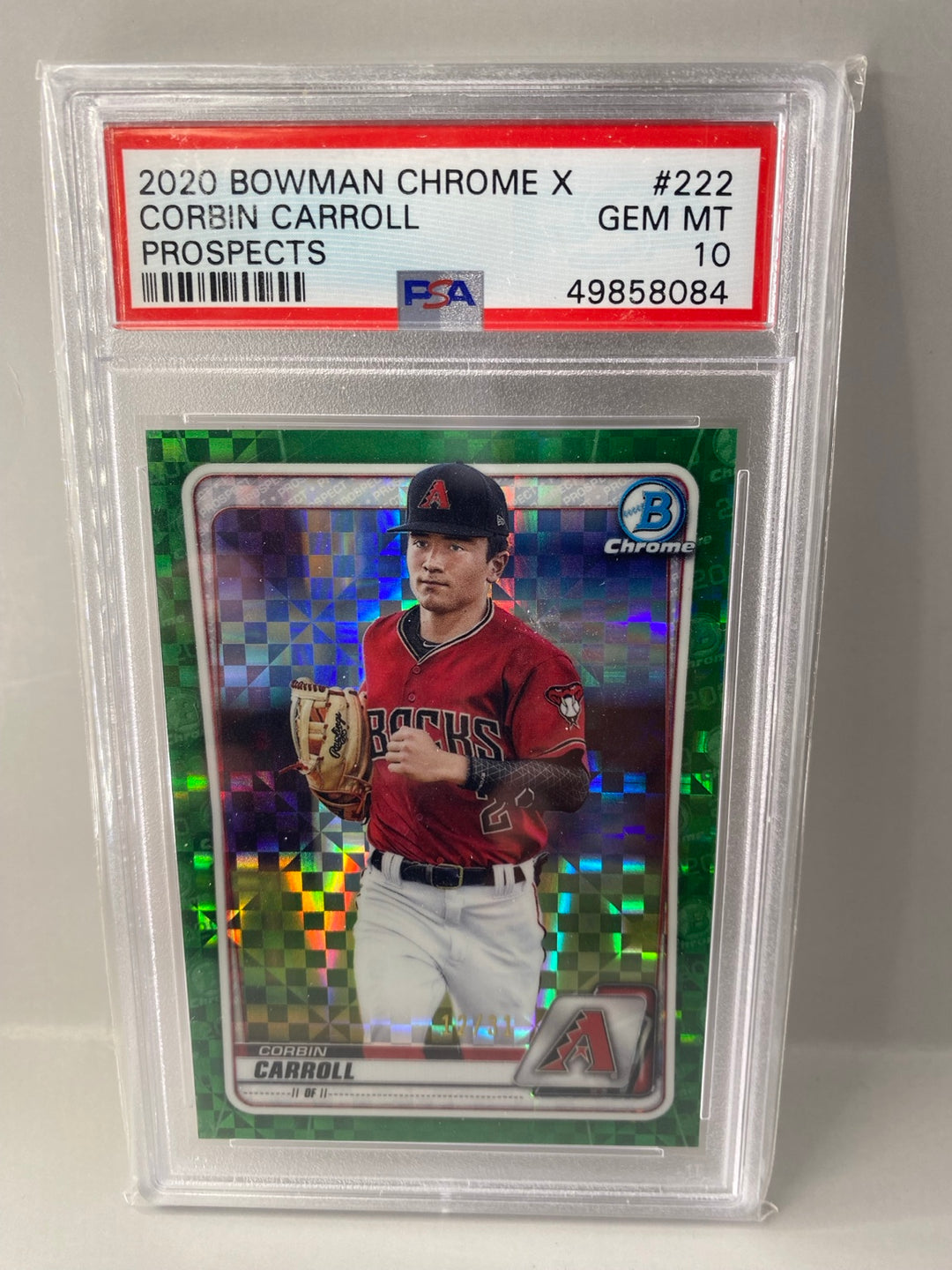 2020 Bowman Chrome X Corbin Carroll BCP-222 Green X-Fractor 12/31 PSA 10 front