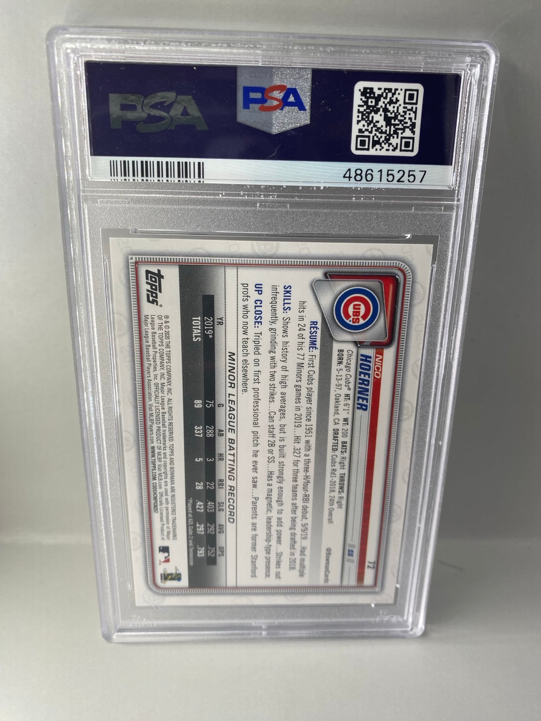 2020 Bowman #72 Nico Hoerner Purple 069/250 rookie PSA 9 back