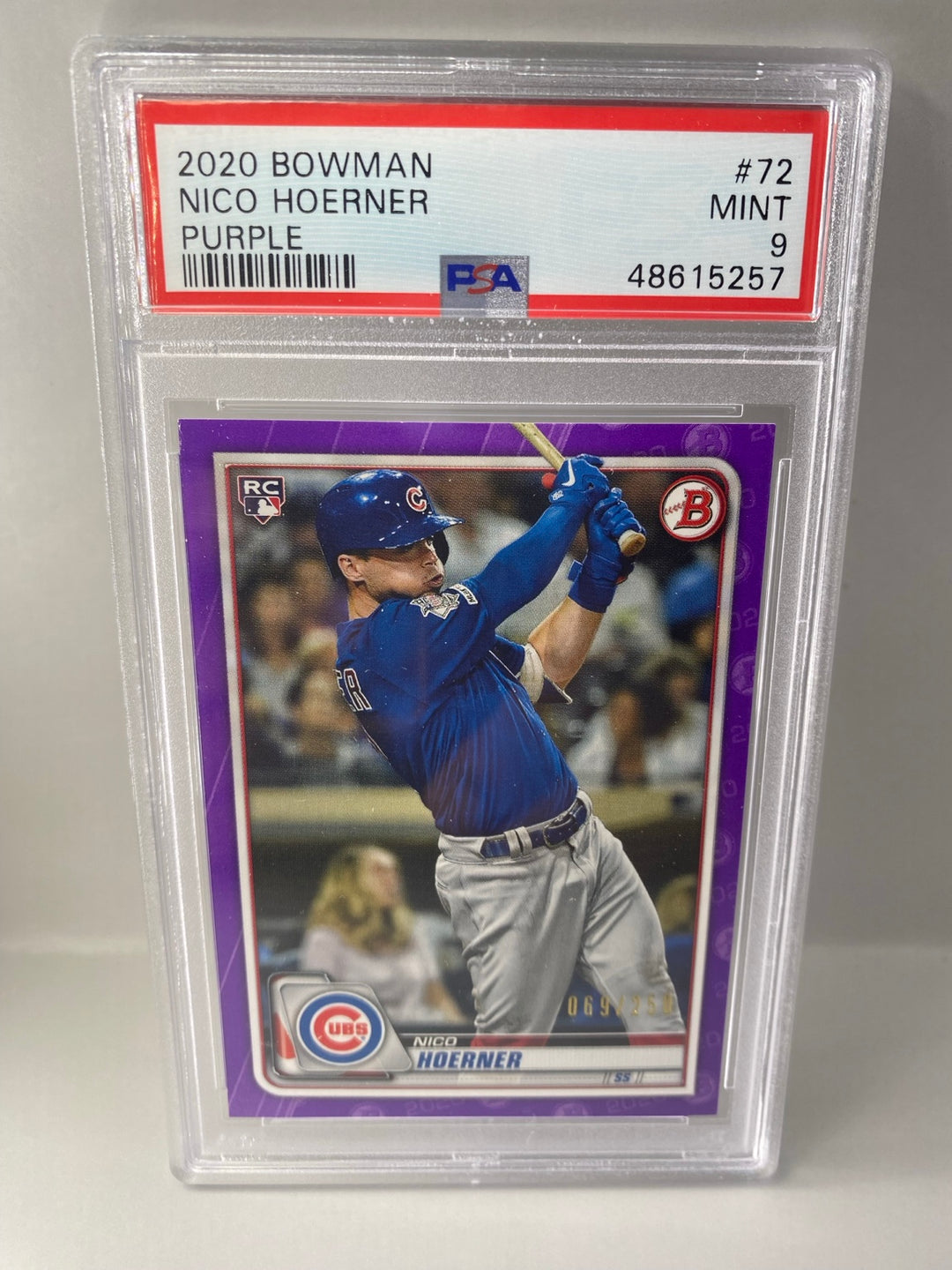 2020 Bowman #72 Nico Hoerner Purple 069/250 rookie PSA 9 front