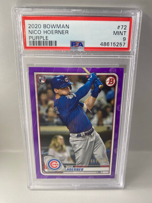 2020 Bowman #72 Nico Hoerner Purple 069/250 rookie PSA 9 front