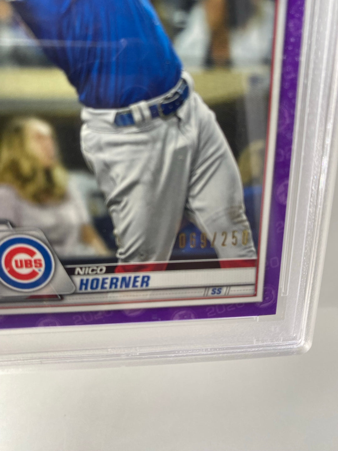 2020 Bowman Nico Hoerner Purple serial 069 of 250 close-up
