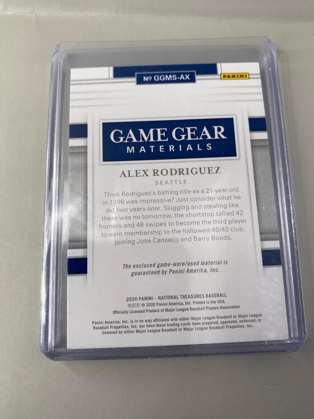 Alex Rodriguez National Treasures Game Gear Materials GGMS-AX card back close-up