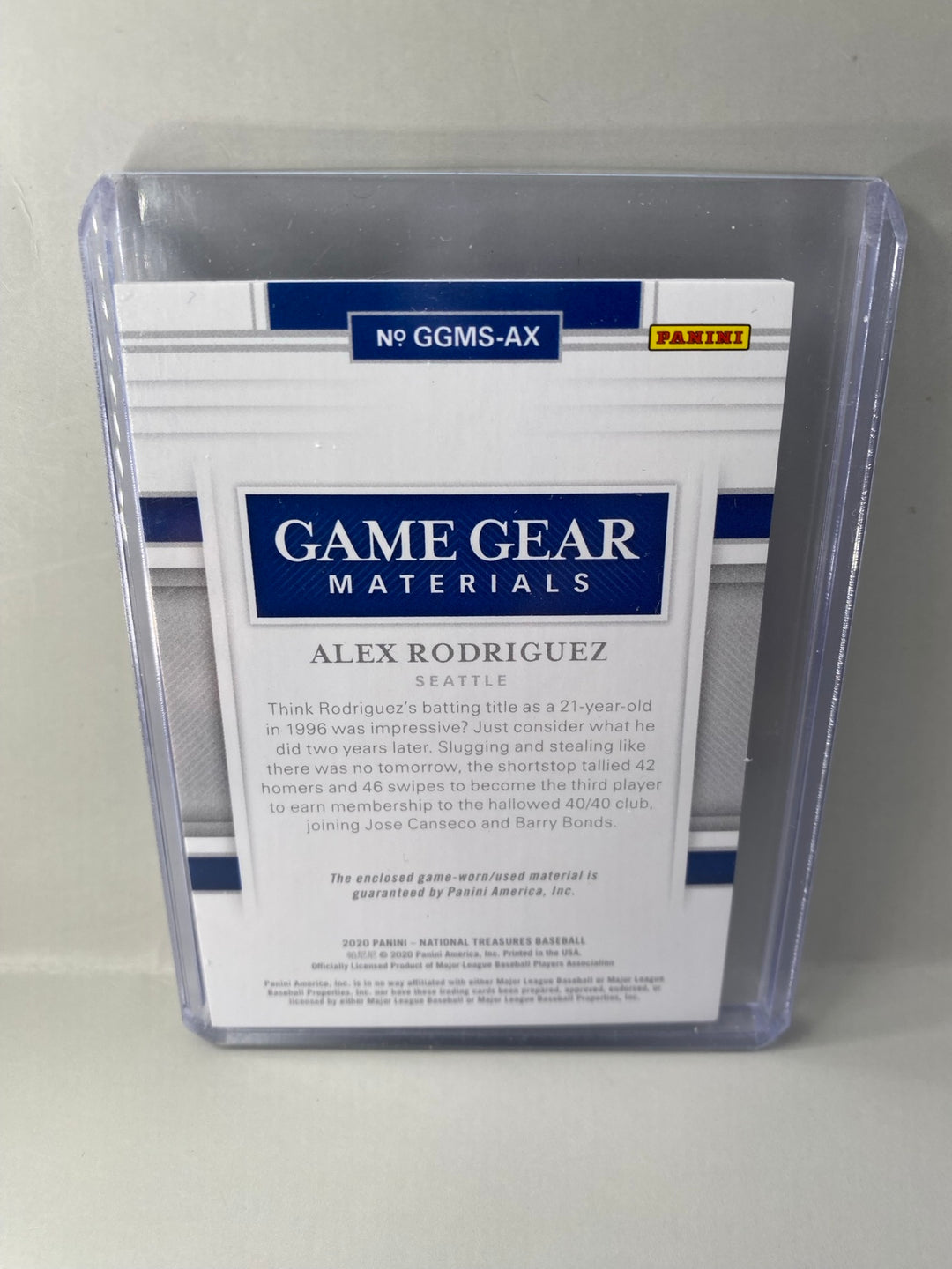 2020 Panini National Treasures Alex Rodriguez Game Gear Materials GGMS-AX 15/49 back