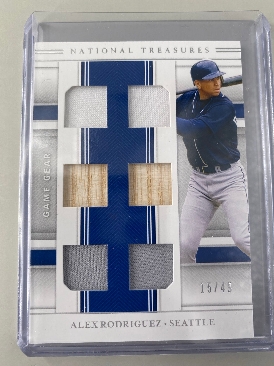 Alex Rodriguez National Treasures Game Gear six memorabilia swatches serial 15/49 close-up