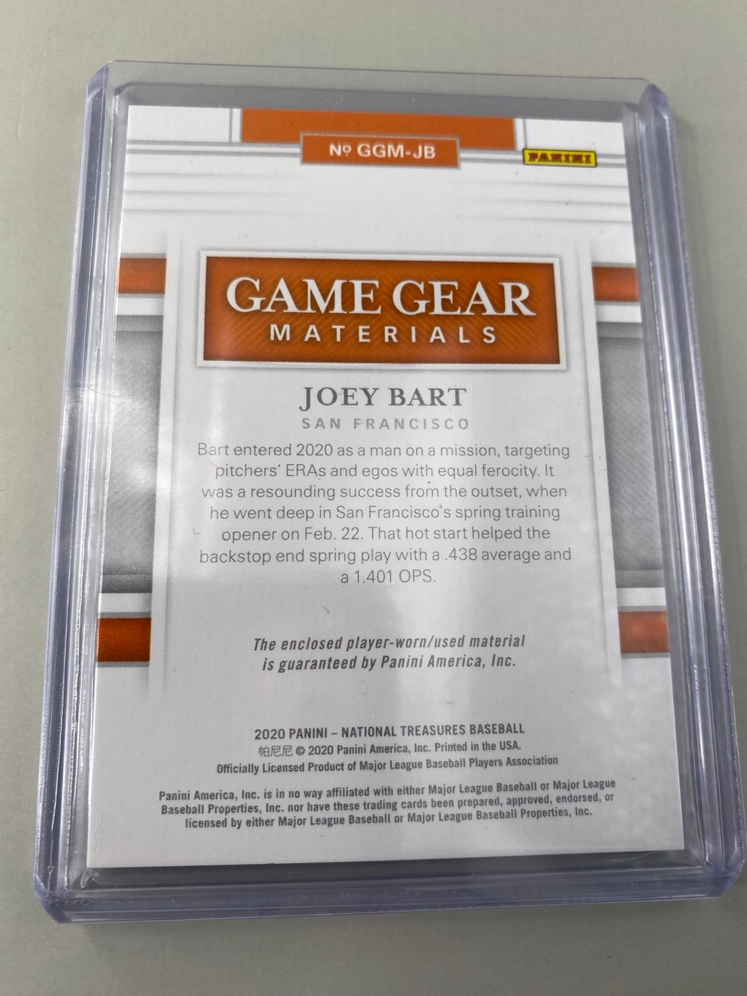 Joey Bart National Treasures Game Gear Materials GGM-JB card back close-up