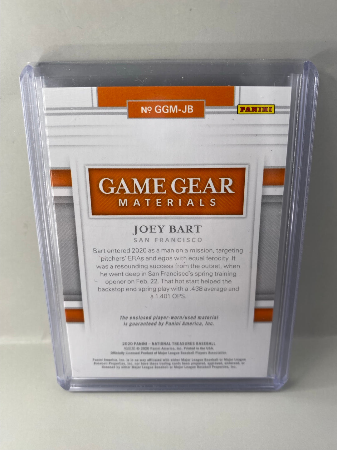 2020 Panini National Treasures Joey Bart Game Gear Materials GGM-JB 45/99 back