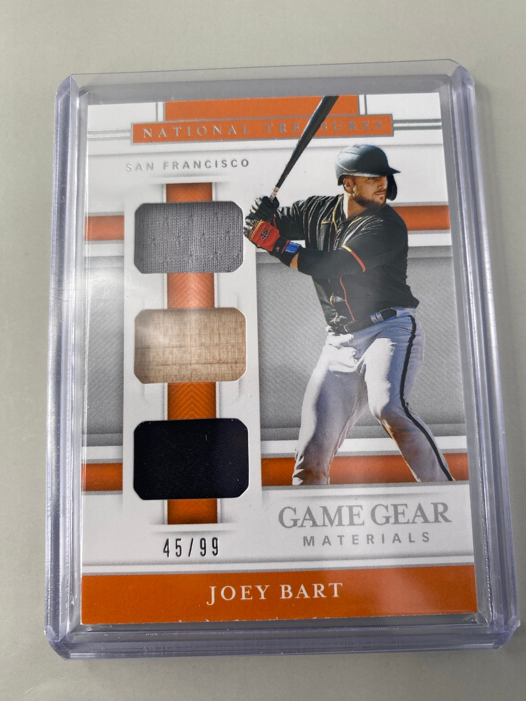 Joey Bart National Treasures Game Gear triple player-worn material 45/99 close-up