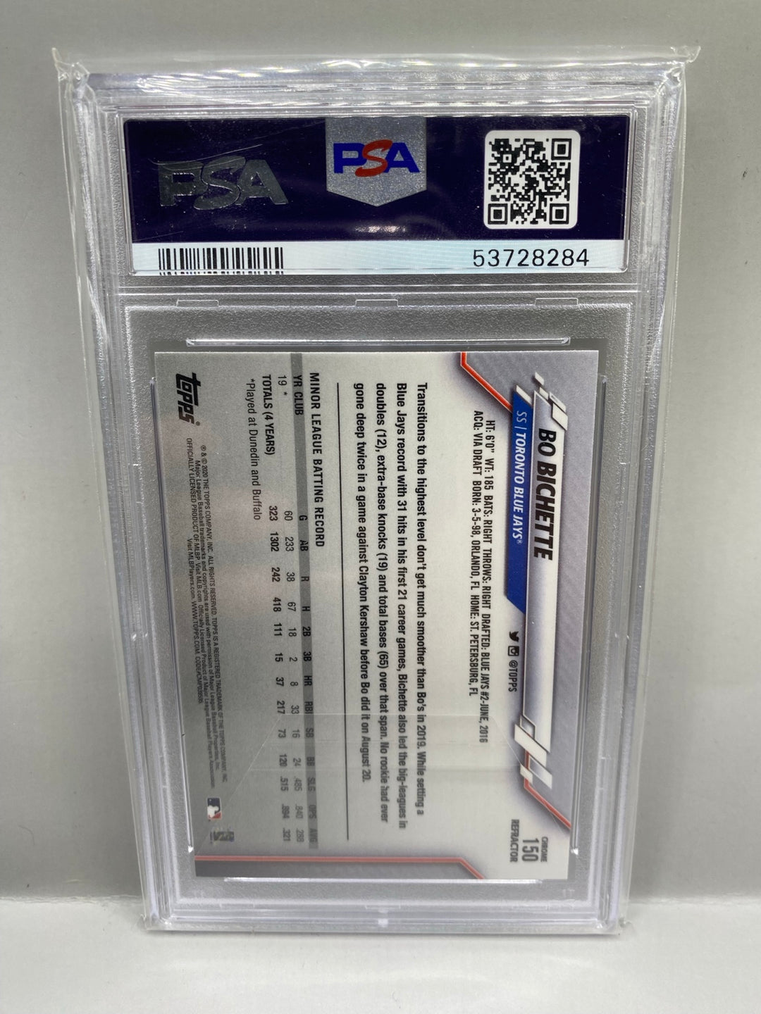 2020 Topps Chrome #150 Bo Bichette Refractor rookie card PSA 9 back