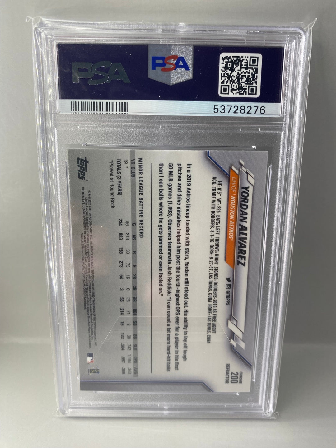 2020 Topps Chrome #200 Yordan Alvarez Refractor rookie PSA 8 back