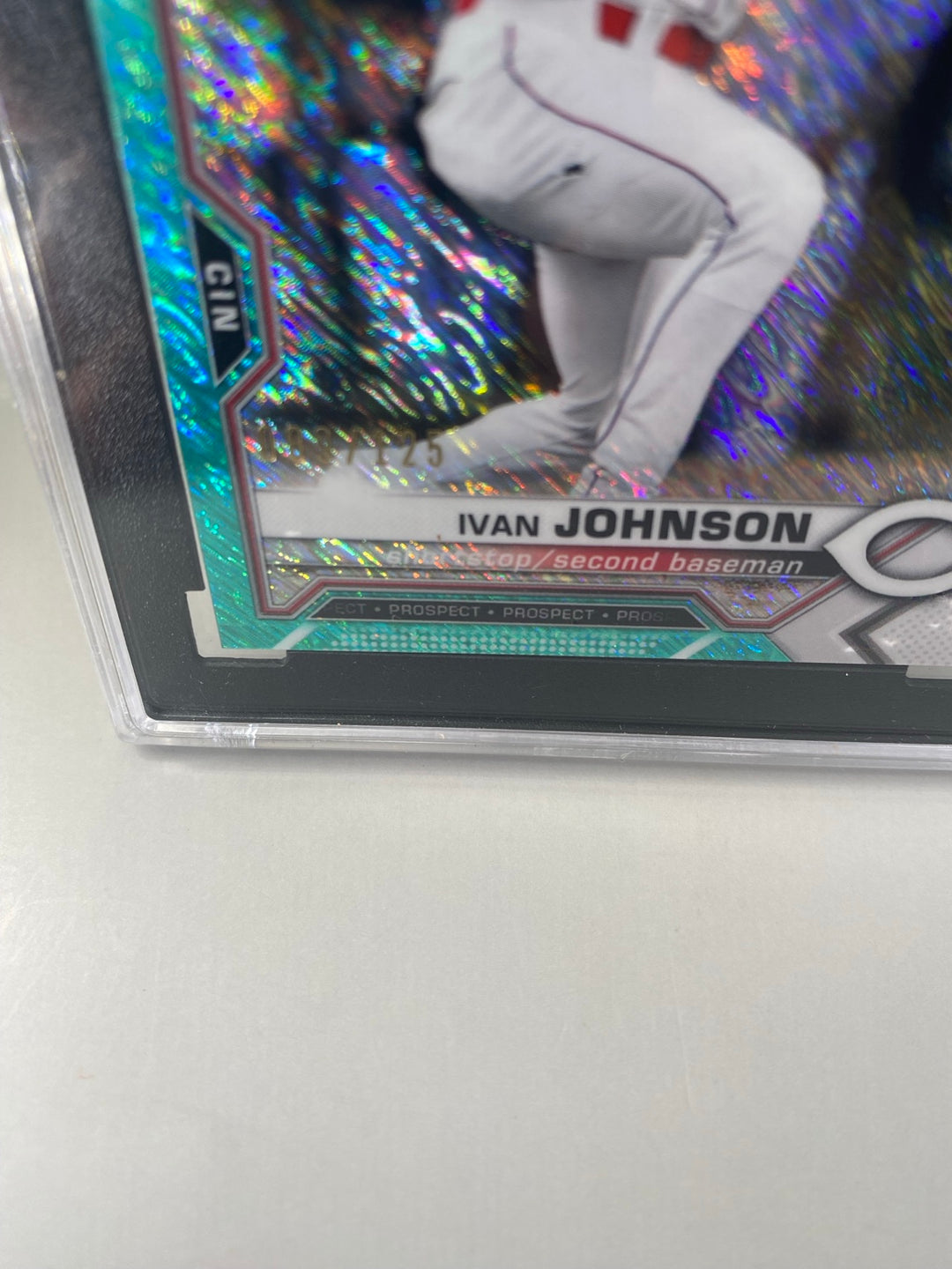 Ivan Johnson Aqua Shimmer Refractor serial 89 of 125 close-up