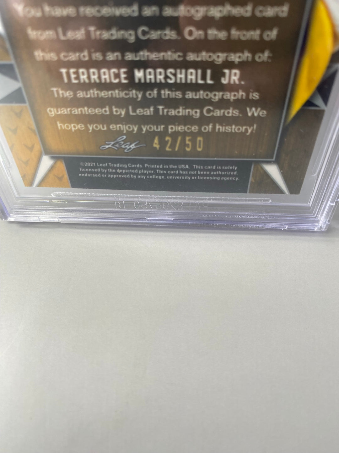 2021 Leaf Valiant Terrace Marshall Jr Orange Rookie Auto serial number 42 of 50 close-up